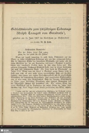 Gedächtnisrede zum 100jährigen Todestage Adolph Traugott von Gersdorfs : gehalten am 16. Juni 1907 im Kretscham zu Meffersdorf