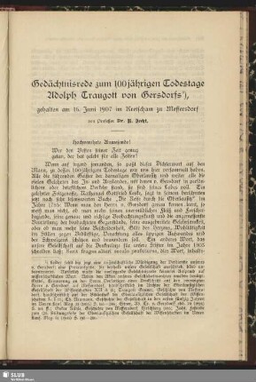 Gedächtnisrede zum 100jährigen Todestage Adolph Traugott von Gersdorfs : gehalten am 16. Juni 1907 im Kretscham zu Meffersdorf
