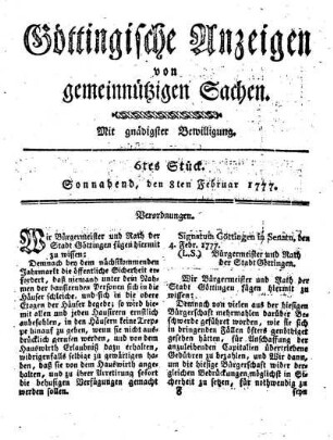 6tes Stück. Sonnabend, den 8ten Februar 1777.
