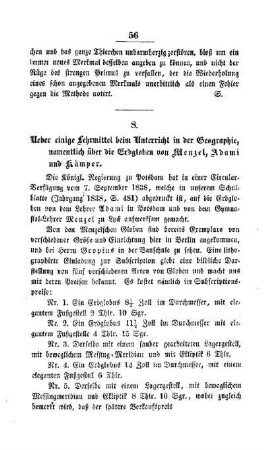 Ueber einige Lehrmittel beim Unterricht in der Geographie, namentlich über die Erdgloben von Menzel, Adami und Kämper