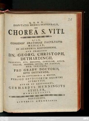 Dispvtatio Medica Inavgvralis De Chorea S. Viti.