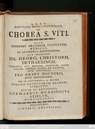 Dispvtatio Medica Inavgvralis De Chorea S. Viti.