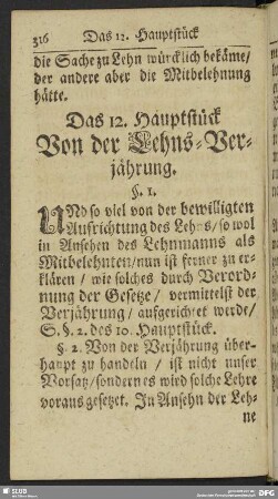 Das 12. Hauptstück Von der Lehns-Verjährung
