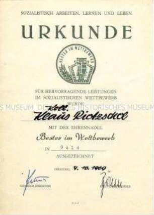 Urkunde zur Ehrennadel "Bester im Wettbewerb" in Gold