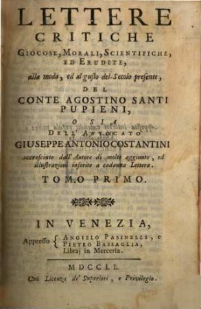 Lettere Critiche Giocose, Morali, Scientifiche, Ed Erudite, Tomo Primo