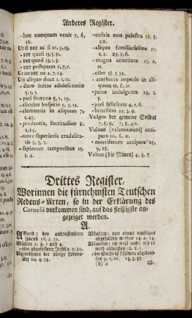 Drittes Register, Worinnen die fürnehmsten Teutschen Redens-Arten, so in der Erklärung des Cornelii vorkommen sind, [...]