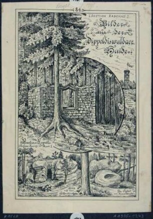 Ansichten aus den "Bergblumen" aus der Dippoldiswalder Heide (Barbarakapelle, Höhle auf dem Götzenbüschgen und der Sessel am Einsiedlerstein)