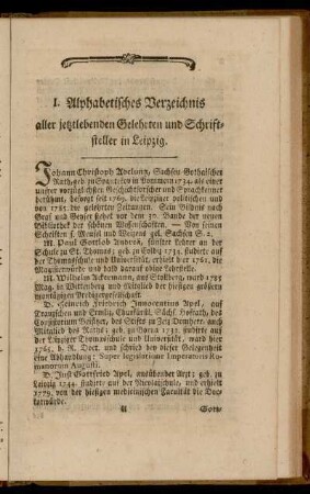 I. Alphabetisches Verzeichnis aller jetztlebenden Gelehrten und Schriftsteller in Leipzig.