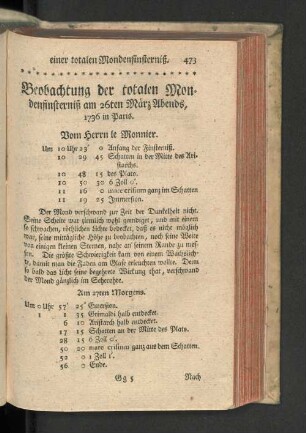 Beobachtung der totalen Mondfinsterniß am 26ten März Abends, 1736 in Paris.