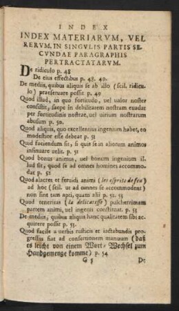 Index Materiarum, Vel Rerum, In Singulis Partis Secundae Paragraphis Pertractatarum.