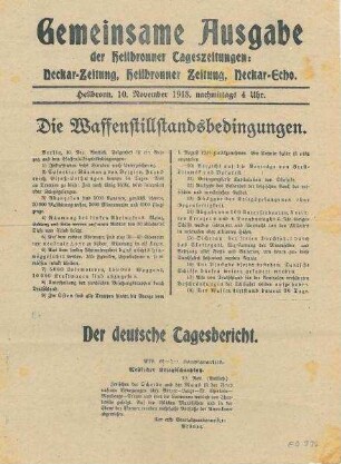 Gemeinsame Sonderausgabe der Heilbronner Tageszeitungen: Die Waffenstillstandsbedingungen