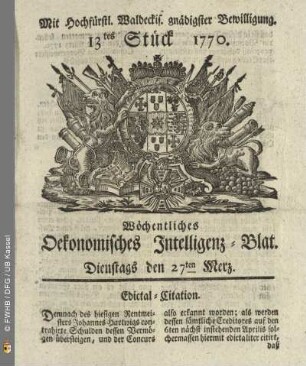 13tes Stueck, Dienstags den 27ten Merz 1770