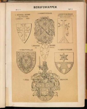 Taf. 2. - 1. Schriftsteller. - 2. Schriftsteller. - 3. Schriftsteller. - 4. Gerichtsbarkeit. (Heidelberger Handschr. d. Sachsenspiegels.) - 5. Richter u. Räthe des Friedens in Schwaben 1260. - 6. Richter u. Notare zu Florenz. - 7. Juris-Prudenz.