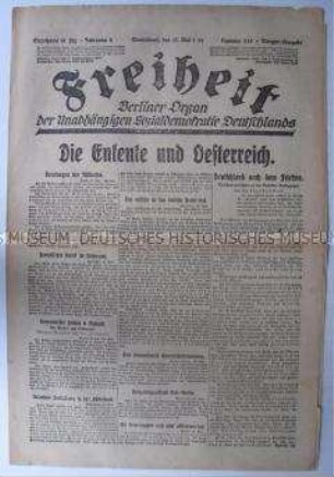 Tageszeitung der USPD Berlin "Freiheit" zu den Friedensverhandlungen in Versailles