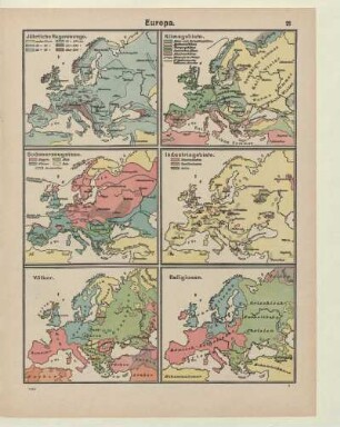 Europa, Jährliche Regenmenge, Bodenerzeugnisse, Völker, Klimagebiete, Industriegebiete, Religionen