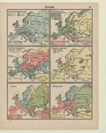 Europa, Jährliche Regenmenge, Bodenerzeugnisse, Völker, Klimagebiete, Industriegebiete, Religionen