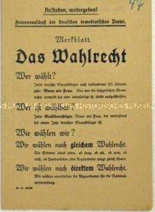 Aufruf der Deutschen Demokratischen Partei an die Frauen zur Wahl der Nationalversammlung, mit Aufklärung über Wahlrecht und Wahlvorgang