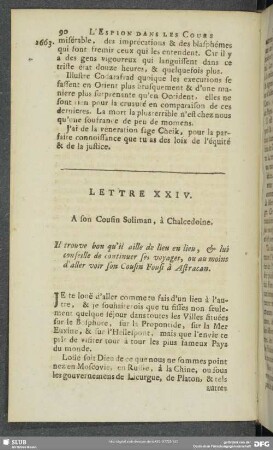 Lettre XXIV. A son Cousin Soliman, à Chalcedoine