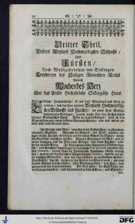 Dritter Theil. Unseres Weyland Hochwürdigsten Bischoffs und Fürsten, Hoch Wohlgebohrnen von Sickingen Freyherren des Heiligen Römischen Reichs Annoch Wachendes Herz Über das Uralte Hochadeliche Sickingische Haus.