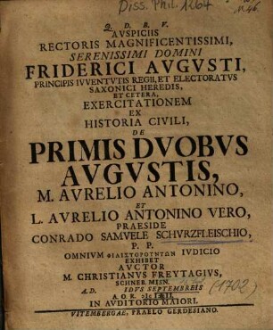 Exercitationem Ex Historia Civili, De Primis Dvobvs Avgvstis, M. Avrelio Antonino, Et L. Avrelio Antonino Vero
