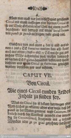 CAPUT VII. Von Circul. Wie eines Circul-runden Feldes Inhatl zu finden sey.
