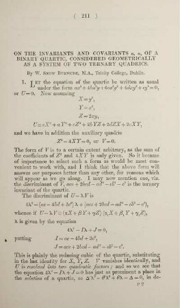 On the invariants and covariants a, a, of A binary quadric, considered geometrically as a system of two ternary quadrics.