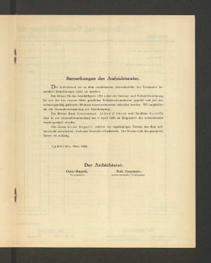 Bemerkungen des Aufsichtsrates.