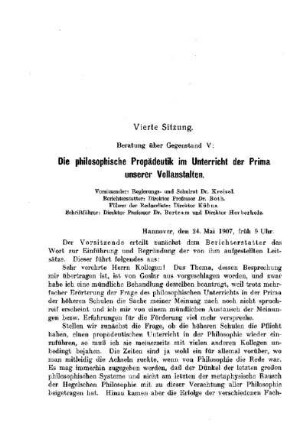 Die philosophische Propädeutik im Unterricht der Prima unserer Vollanstalten : [Protokolle der Verhandlungen]