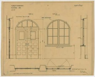 Fischer, Theodor; Wiesbaden; Museum - Bauteil A IV. - Glastür (Grundrisse, Ansichten, Schnitte)