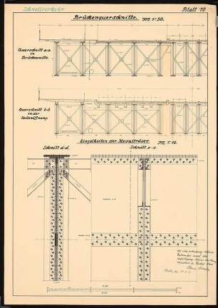Verkehrsverbindung über die Havel, Berlin-Spandau Schinkelwettbewerb 1931: Havelbrücke. Querschnitte 1:50, Detail-Schnitte Hauptträger 1:10