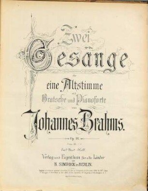 Zwei Gesänge : für 1 Altstimme mit Bratsche u. Pianoforte ; op. 91