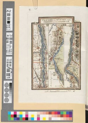 Reise Atlas von Bajern oder Geographisch-geometrische Darstellung aller bajrischen Haupt- und Landstraßen mit den daranliegenden Ortschaften und Gegenden : nebst Kurzer Beschreibungen alles dessen, was auf und an einer jeden der gezeichneten Straßen für den Reisenden merkwürdig seyn kann. [Gewidmet] Joseph August Grafen von Toerring. 42, Chaussée Von München Über Freising Nach Landshuth : Tab. A