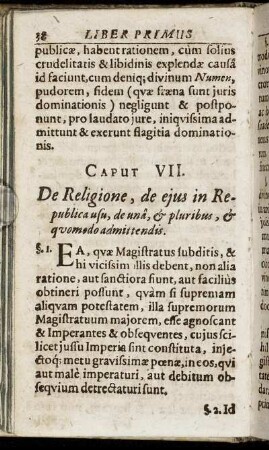 Caput VII. De Religione, de ejus in Republica usu, de una & pluribus & quomodo admittendis