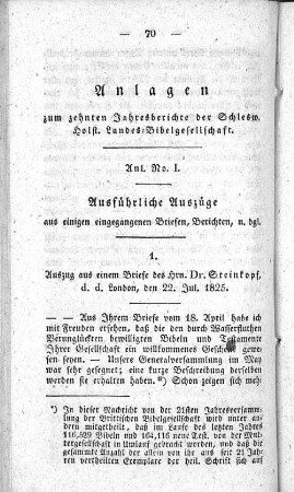 Anlagen zum zehnten Jahresberichte der Schlesw. Holst. Landes=Bibelgesellschaft.