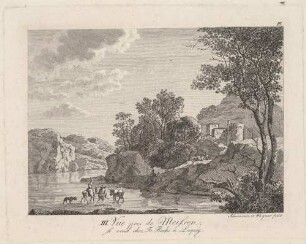 Landschaft mit Fluss, Felsen, Badenden und italienisch anmutender Ruine bei Meißen, 3. Ansicht aus einer Reihe