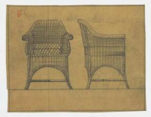 Entwurf eines Korbsitzmöbels : Vorder- und Seitenansicht eines Korbsessels, Entwurf 6, Variante 3