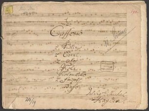 Divertimentos, Excerpts, orch, MH 86, D-Dur - BSB Mus.ms. 1243 : [title, vla:] Cassatio // â // 2 Violin // 2 Corni // 2 Oboi // Viola // Violoncello // 2 Fagoti // Basso. // Del Sigre Michal[!] // Hayden. // [heading, vl 2:] Del Sig r e Michele Hayden // Maestro di concerto di S: A: R:a Salis= // burgo