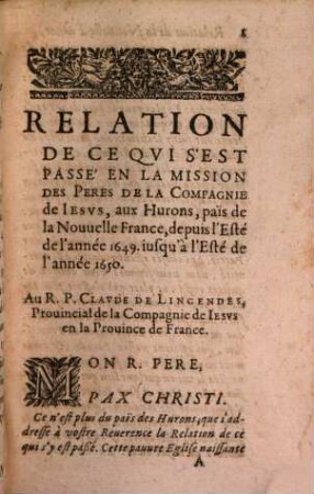 Relation de ce qvi s'est passé de plvs remarqvable avx missions des PP. de la Compagnie de Iesvs en la Novvelle France és années .... 1650, 1649/50 (1651)