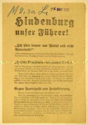 Programmatische Wahlschrift zur Unterstützung Hindenburgs anlässlich der Reichspräsidentenwahl 1932