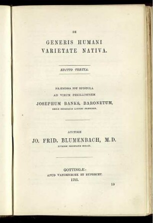 De Generis Humani Varietate Nativa = On the Natural Variety of Mankind, third ed. 1795