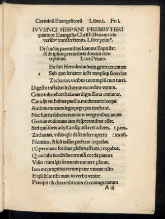 Iuvenci Hispani Presbyteri quattuor Evangelia Christi Hexametris versibus transferententis. Liber Primus.