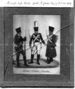 Darstellung von drei Soldaten des Normal-Infanterie-Bataillons des 2. Garde-Regiments zu Fuß, um 1812