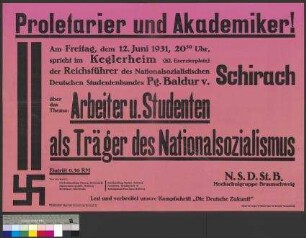 Plakat des Nationalsozialistischen Deutschen Studentenbundes (NSDStB) zu einer öffentlichen Versammlung am 12. Juni 1931 in Braunschweig