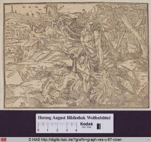 Samson tötet mit bloßen Händen einen Löwen auf dem Weg nach Timna, im Hintergund seine Eltern.