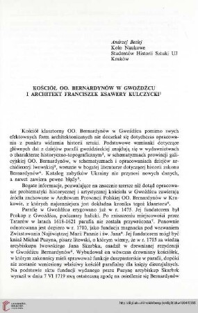 1: Kościół OO. Bernardynów w Gwoźdźcu i architekt Franciszek Ksawery Kulczycki