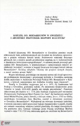 1: Kościół OO. Bernardynów w Gwoźdźcu i architekt Franciszek Ksawery Kulczycki