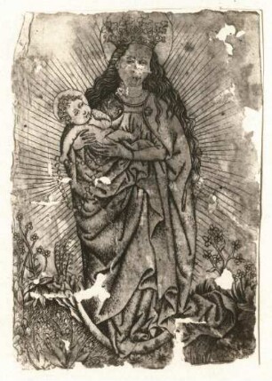 Madonna mit Kind und Rosenkranz : Madonna mit Kind und Rosenkranz. Kupferstich (1440/1500; Schule des Meisters E S)