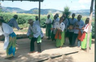 Madagaskar. Folkloregruppe mit Tänzern und Musikern (mit Rhythmusinstrumenten)