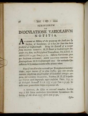 Scriptorum De Inoculatione Variolarum Notitia.