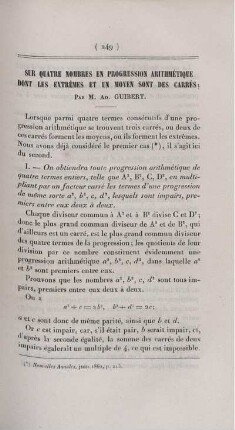 Sur quatre nombres en progression arithmétique dont les extrèmes et un moyen sont des carrés.